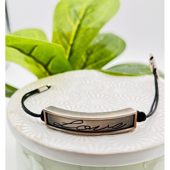 Silver Bar "Love" Charm Bracelet With 2 mm Black Leather Cord NEW - Picture 5 of 6